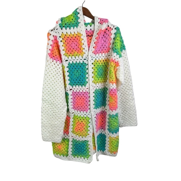 Granny Square Afghan Crochet Cardigan, Hooded Cardigan Handmade Plus Size - Picture 3 of 15